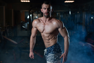 Athletic man with a muscular body poses in the gym, showing off his muscles. The concept of a healthy lifestyle