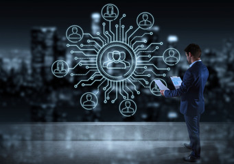 Poster - Businessman watching thin line social network icons interface