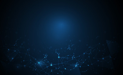 Abstract Molecules with Circles, Lines, Geometric, Polygon, Triangle pattern. Vector design network communication technology on dark blue background. Futuristic- digital science technology concept