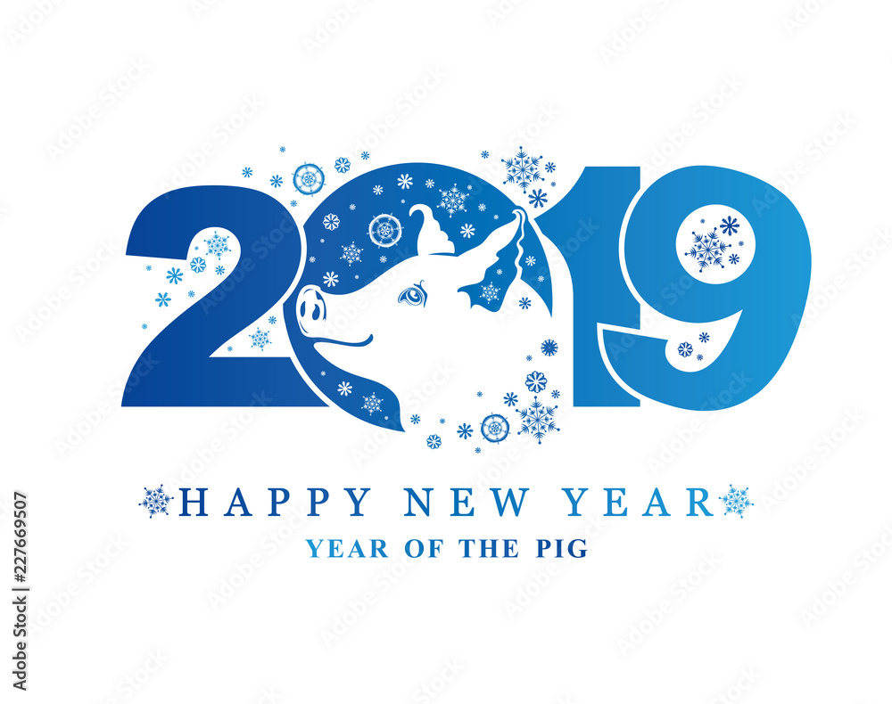 Blue Pig pattern 2019. Silhouette of cute pig head. Vector element for New Year's design.  - obrazy, fototapety, plakaty 