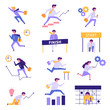 © trapezoid13 - Modern cartoon flat characters running businessman businesswoman start-up,goal achievment business success concept.Geometric people flat-style working,run,jump obstacles,stair climbing icons web page