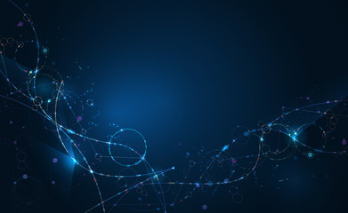 Abstract Molecules with Circles, Lines, Geometric, Polygon, Triangle pattern. Vector design network communication technology on dark blue background. Futuristic- digital science technology concept