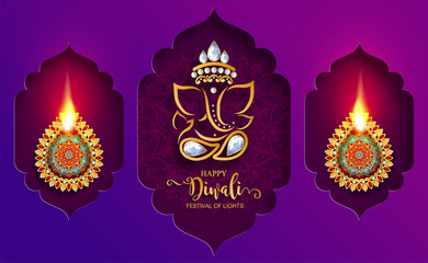 Wall Mural - Happy Diwali festival card with gold diya patterned and crystals on paper color Background.