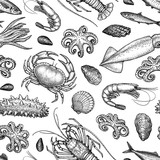 Seamless pattern with seafood and fish.
