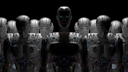 3d render futuristic robot army or group of cyborgs on black background