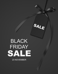 Wall Mural - Black friday SALE design template. Vector backgound with decorative price tag and long black ribbon