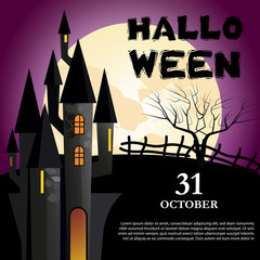 Wall Mural - Halloween, October thirty first lettering with castle and moon. Invitation or advertising design. Typed text, calligraphy. For leaflets, brochures, invitations, posters or banners.