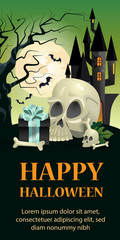 Wall Mural - Happy Halloween lettering with castle, skull, gift box and tree. Invitation or advertising design. Typed text, calligraphy. For leaflets, brochures, invitations, posters or banners.