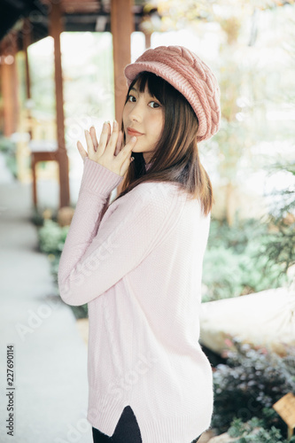 Fotografie, Tablou Portrait japanese fasion style wool coat fashion dress in japanese garden