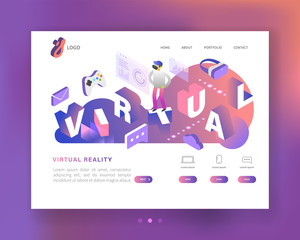 Poster - virtual reality isometric concept. augmented reality landing page template with glasses and characte