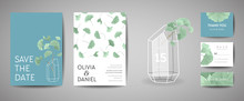 Set Of Botanical Retro Wedding Invitation Card, Modern Save The Date, Template Design Of Ginkgo Biloba Leaves Illustration. Vector Trendy Cover, Pastel Graphic Poster, Brochure
