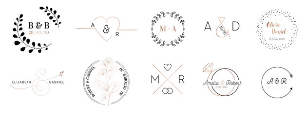 wedding monogram logos collection, hand drawn modern minimalistic and floral templates for invitatio