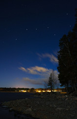 Wall Mural - the plough, part of ursa major constellation, on the night sky at lake shore. village lights in the 