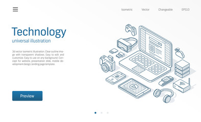 Poster - Modern wireless technology isometric illustration. Wearable devices, laptop, smart watch, augmented reality vr glasses sketch drawn icon. 3d vector background. Cloud server digital data tech concept.