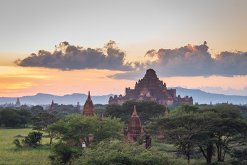 Wall Mural - sunset moment in Bagan, view from terrace of the incredible landscape of this magic historical area, Myanmar