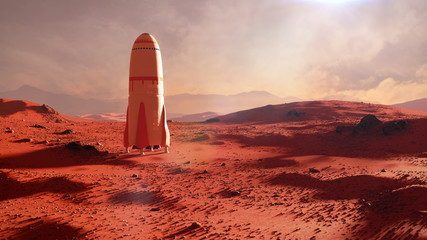 Wall Mural - landscape on planet mars, rocket landing on the red planet's surface