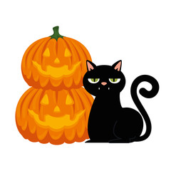 Poster - halloween black cat with pumpkins