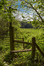 A Wooden Stile And Signpost Leading From Woodland To Open Fields In Sunny Countryside