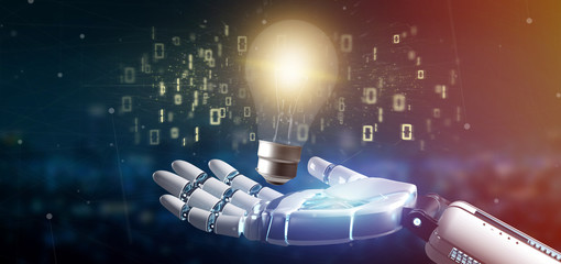 Poster - Cyborg hand holding a bulb lamp idea concept with data all around 3d rendering