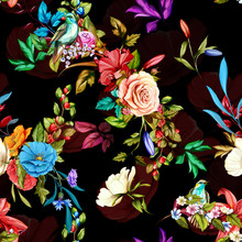 Seamless Background Pattern. Nightingale, Roses, Pomegranate Branch And Wild Flowers With Leaves On Black. Watercolor, Hand Drawn.