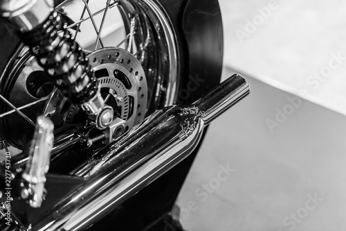 Fotografia, Obraz vintage motorcycle engine exhaust pipes retro style chrome black and white art t