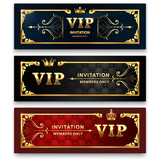 Fototapeta  - Golden banner. Gold royal crown, luxury exclusive glamour club flyer and luxurious elegant banners vector set