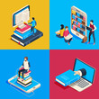 Isometric online library. Students reading books on smartphone, studying science book and read book on reader vector 3d illustration