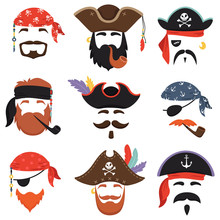 Carnival Pirate Mask. Funny Sea Pirates Hats, Journey Bandana With Dreadlocks Hair And Smoke Pipe Isolated Masks Vector Set
