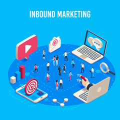 Poster - inbound marketing isometric. online mass market ads, business target sales ad and offline sale advan