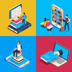 Poster - isometric online library. students reading books on smartphone, studying science book and read book 