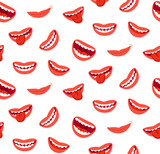 Fototapeta  - Cartoon smiling lips seamless pattern. Laughing mouth with tongue. Funny joyful vector texture