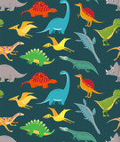 Fototapeta  - Dinosaur seamless pattern. Cute kids dinosaurs, colorful dragons. Vector wallpaper