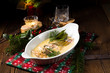 fried christmas carp in butter sauce with dill and lemon