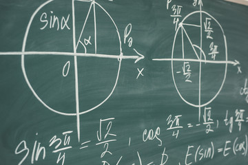 Wall Mural - School math lesson. Trigonometry. Chalkboard Function graphs.