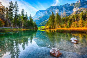 Wall Mural - fantastic autumn sunrise of hintersee lake