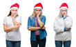 © Krakenimages.com - Collage of group of young women wearing christmas hat over isolated background thinking looking tired and bored with depression problems with crossed arms.