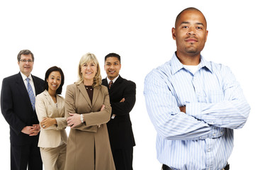 group of business people standing in front of his team