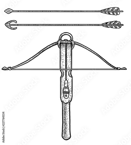 Wooden crossbow illustration, drawing, engraving, ink, line art, vector Tableau sur Toile