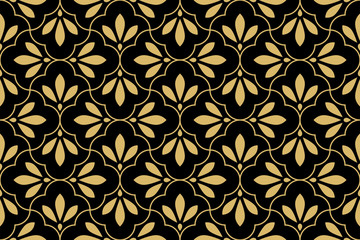  Flower geometric pattern. Seamless vector background. Gold and black ornament. Ornament for fabric, wallpaper, packaging, Decorative print