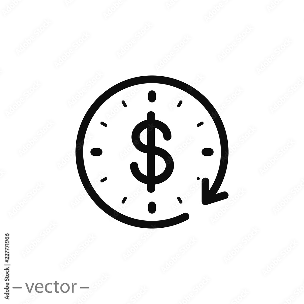 time is money icon, dollar with clock linear sign isolated on white background - editable vector illustration eps10 - obrazy, fototapety, plakaty 
