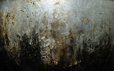 Brown and black color stain on the silver surface that has white scratch on  the area, Burn marks and Scratch effect, Gray abstract grunge background and  texture of old metal 