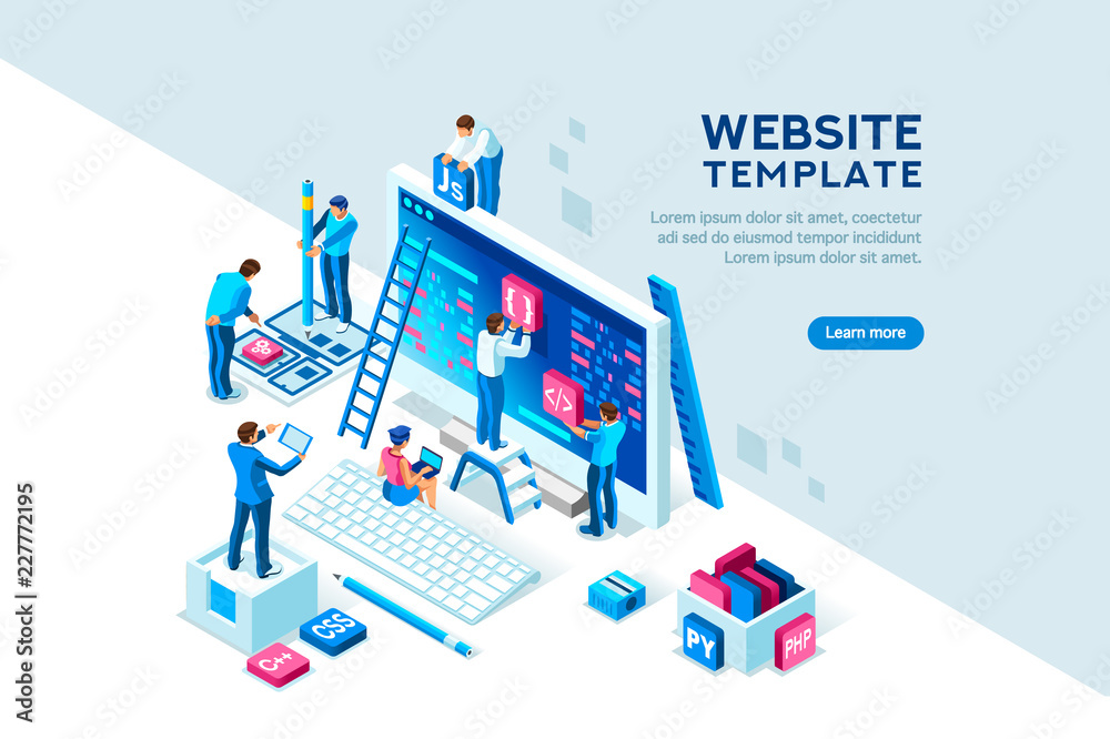 Project team of engineers for website create. Characters on a concept. Programming software coding and development, template for programmer or designer. Flat isometric concept. Vector illustration. - obrazy, fototapety, plakaty 
