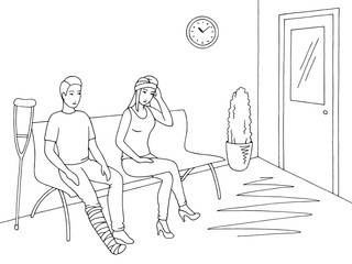 People sitting and waiting in line queue at the clinic corridor graphic black white interior sketch illustration vector