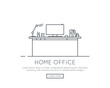 Home office or working at home concept. Computer on desk, books and table lamp. Workspace and business place. Workplace at home. Thin line vector trendy illustration banner.