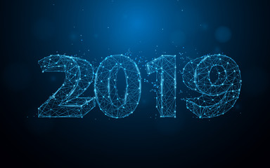Poster - New years 2019 form lines, triangles and particle style design. Illustration vector