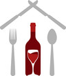 Messer, Gabel, Löffel als Haus und Weinflasche mit Glas, Restaurant Logo