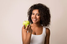 Smiling Woman With Healthy Teeth Holding Green Apple