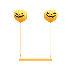 Wall Mural - Smiling yellow balloons pumpkin swing, isolated on white background. Design creative concept for happy Halloween festival, 3D rendering illustration.