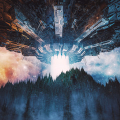 Wall Mural - the invasion begins / 3d illustration of science fiction scene with giant alien spaceship hovering i