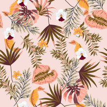 Trendy Vector Seamless Beautiful Tropical Pattern With Exotic Forest. Colorful Original Stylish Floral Background Print, Bright Rainbow Color